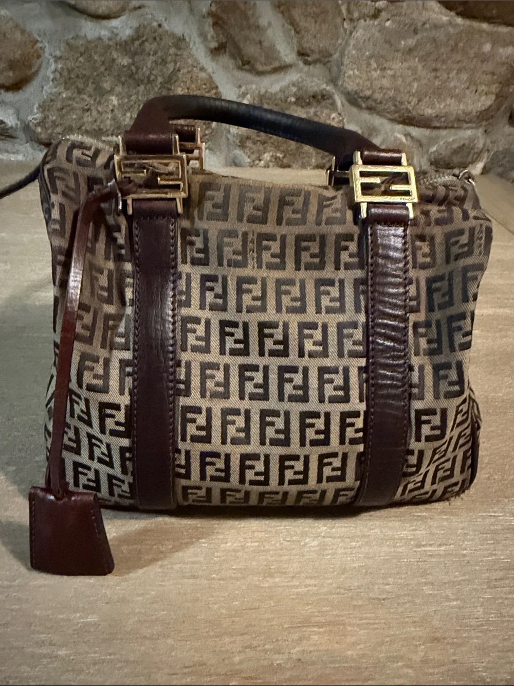 Fendi Brown Zucca Logo Canvas Satchel with Dark Brown Leather Trim